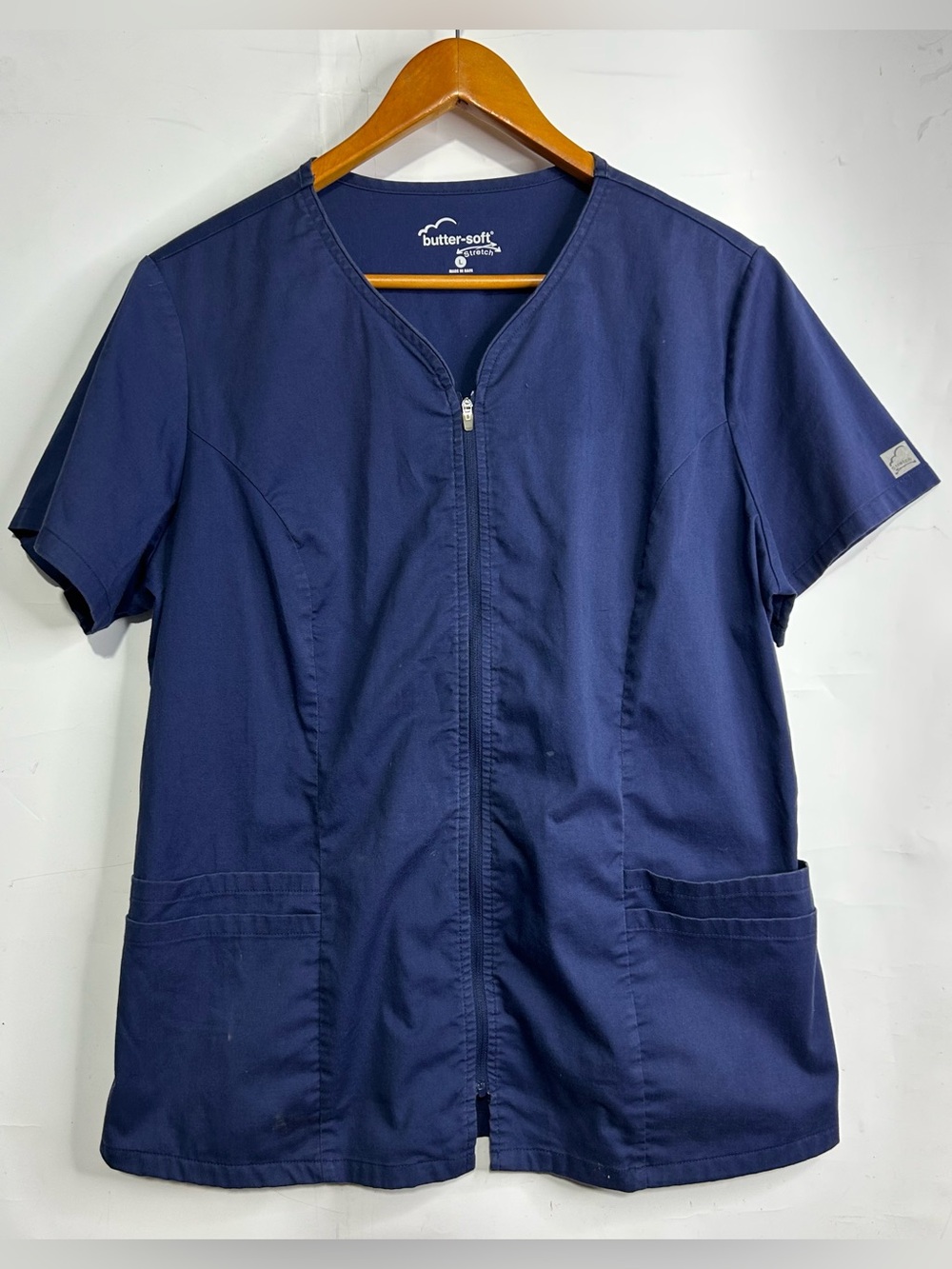 Butter Soft Stretch Zip Front Navy Scrub Top Large